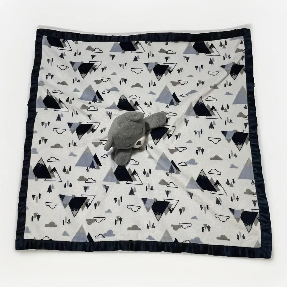 Just Born Sleeping Bear Lovey Blanket Mountains Clouds Gray White Blue Satin 25